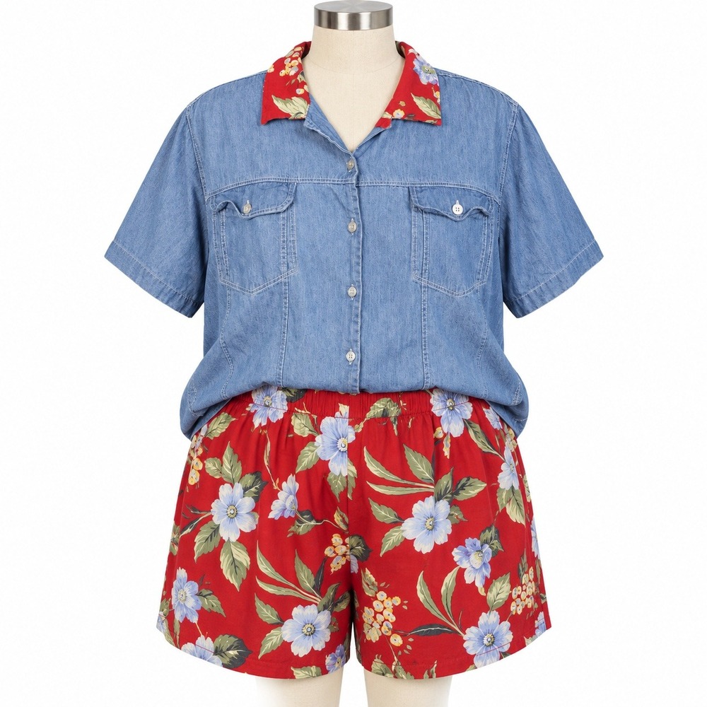 Vintage 90s Capacity Woman 3X Denim Floral Shorts Set Cottagecore Grandmacore